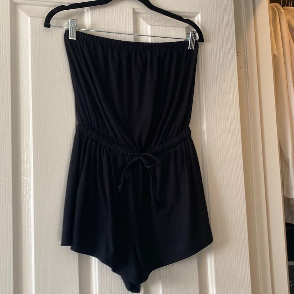Black strapless romper with tie waist